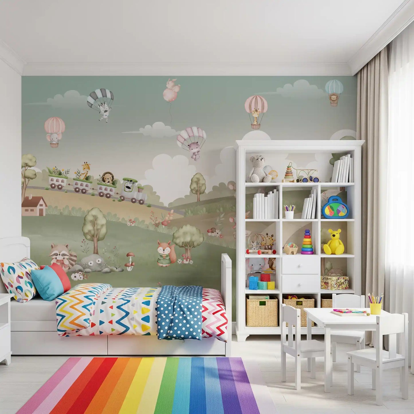 Kids room wall mural with Toy train carrying a giraffe, hedgehog and zebra along a soft green hillside., GD10199