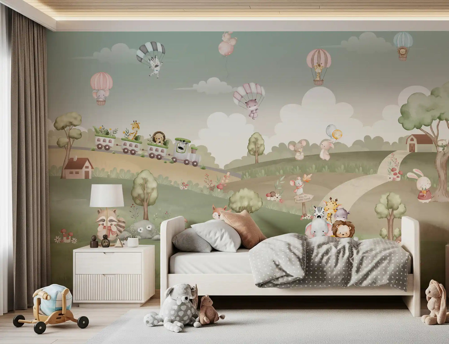 Pastel landscape mural with cream cottages, a red barn and rolling sage green hills., GD10199