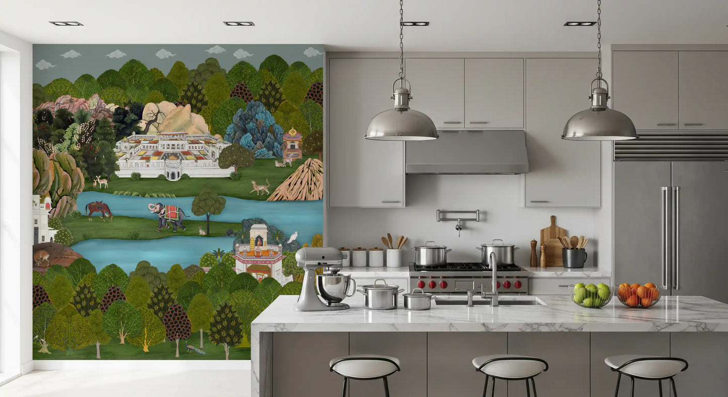 Traditional miniature wall mural with rolling green hills and stylised trees., GD10200