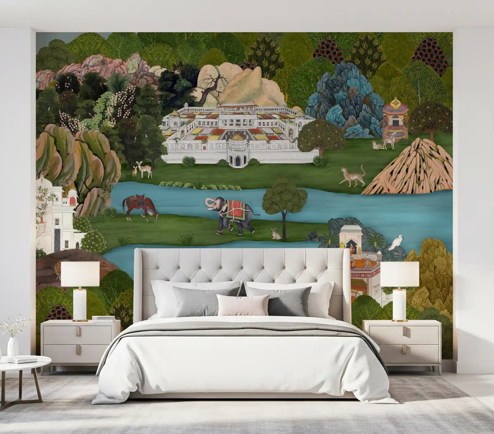 White marble palace wall mural with arched colonnades and terraced gardens in master bedroom., GD10200