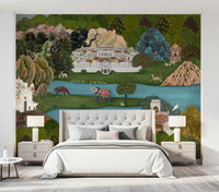 White marble palace wall mural with arched colonnades and terraced gardens in master bedroom., GD10200