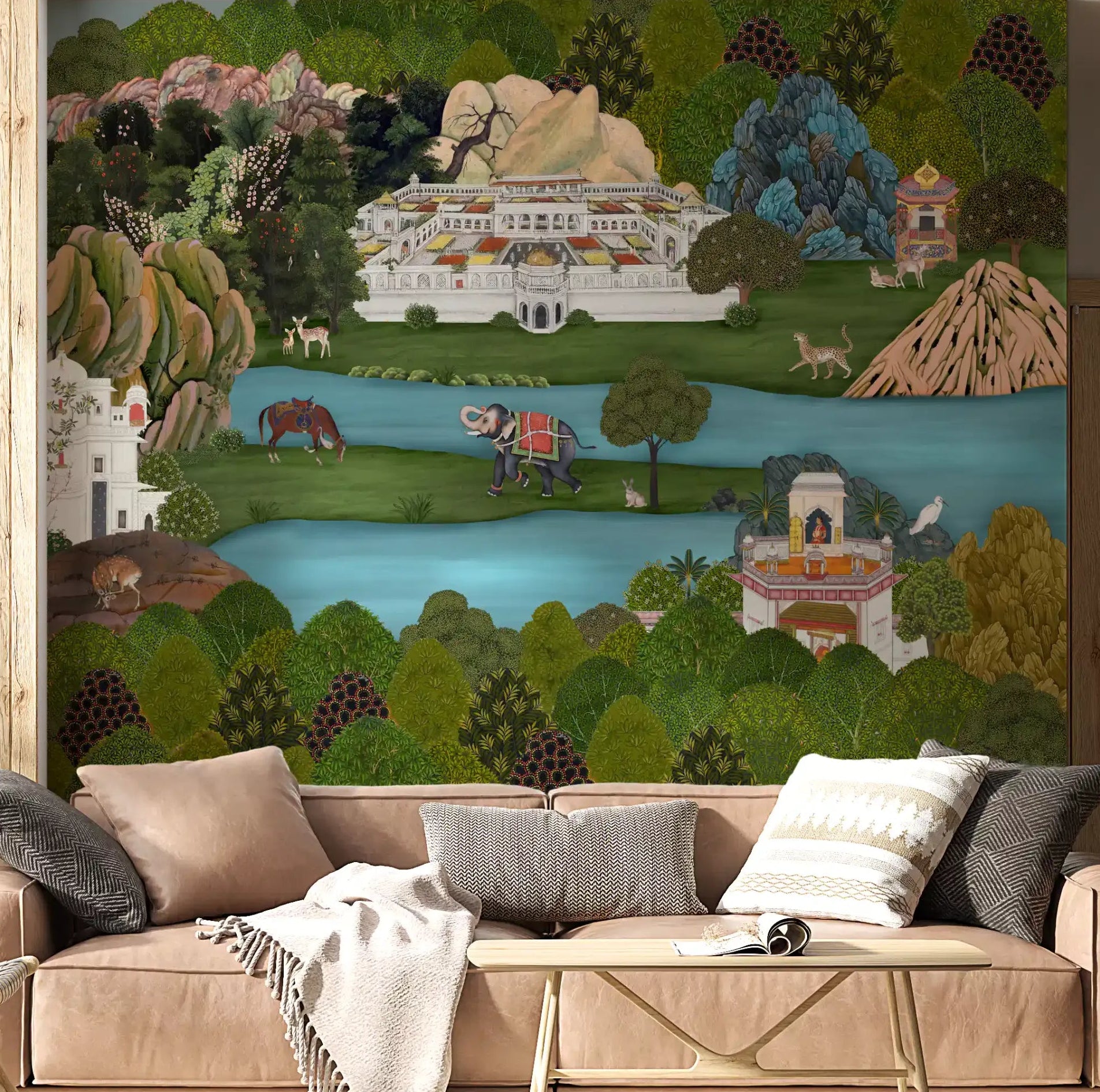 Mughal landscape mural styled on a living room feature wall., GD10200