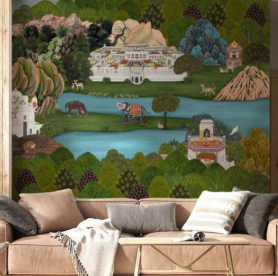 Mughal landscape mural styled on a living room feature wall., GD10200