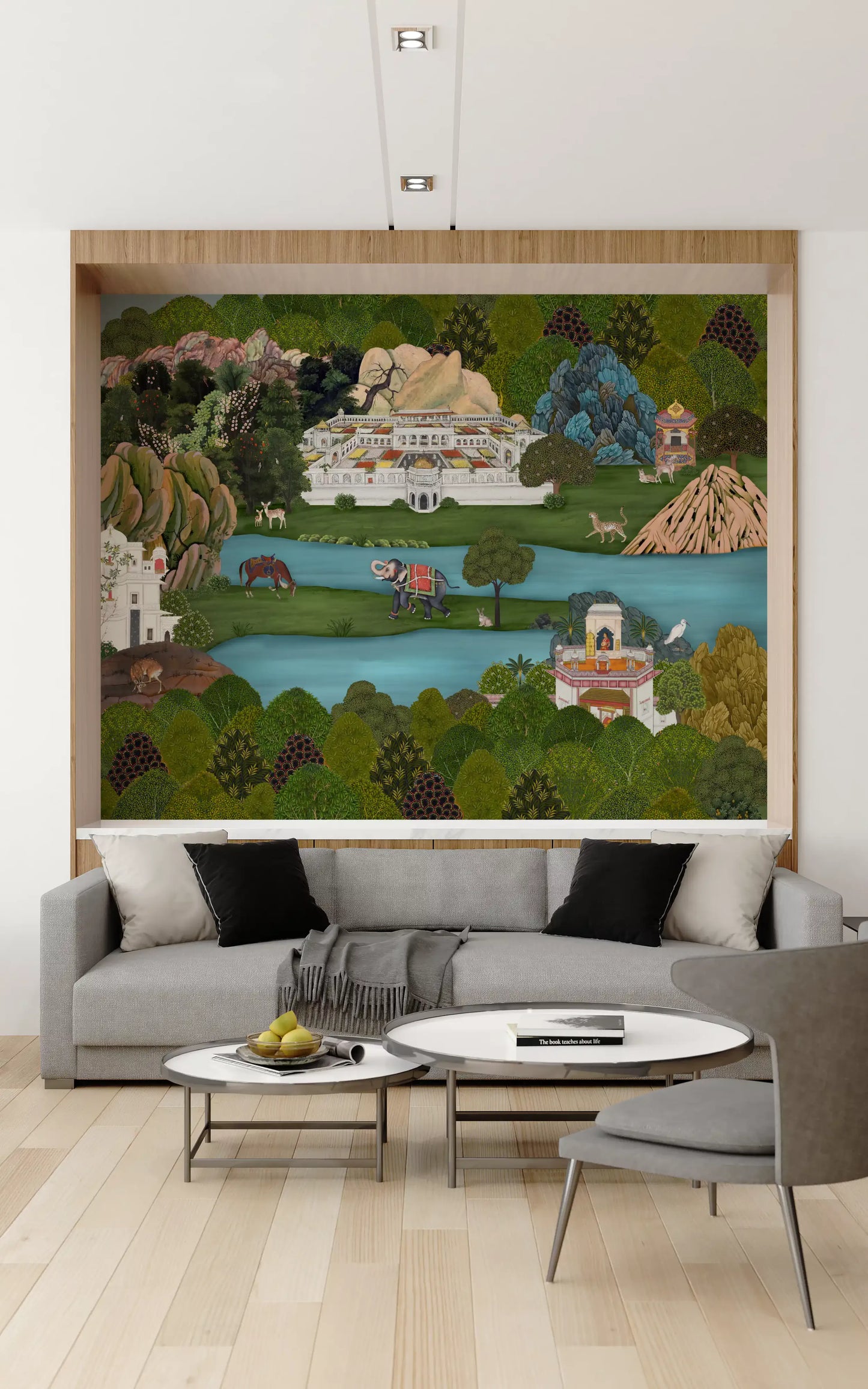 Mughal landscape wall mural with white palace, turquoise river and green hills., GD10200