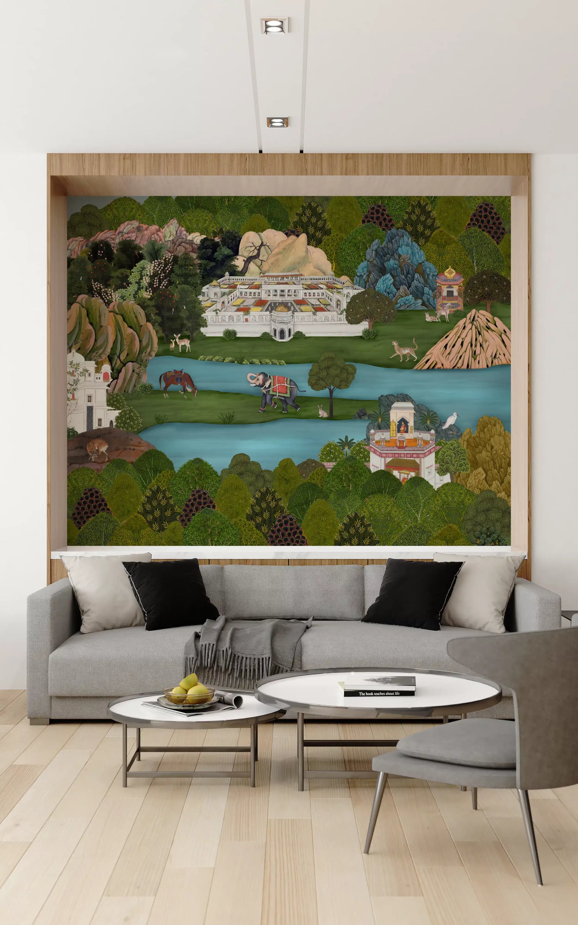 Mughal landscape wall mural with white palace, turquoise river and green hills., GD10200