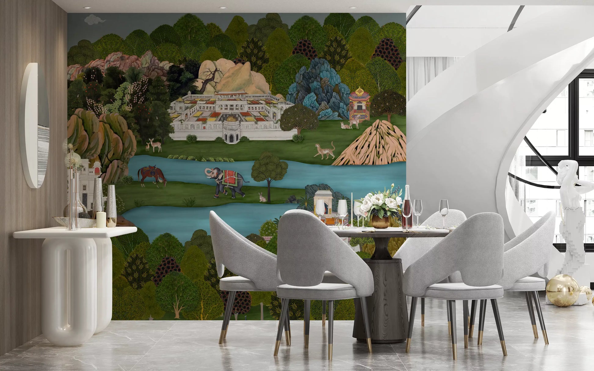 Wall mural with Grey elephant in red and gold ceremonial cover walking beside a turquoise river., GD10200