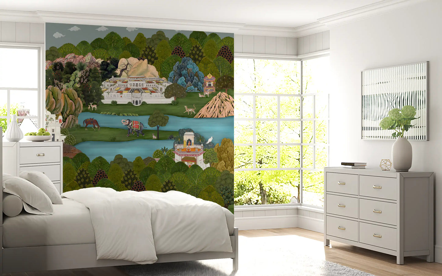 Deer, leopard and hares resting in a layered nature scene wall mural for bedroom., GD10200