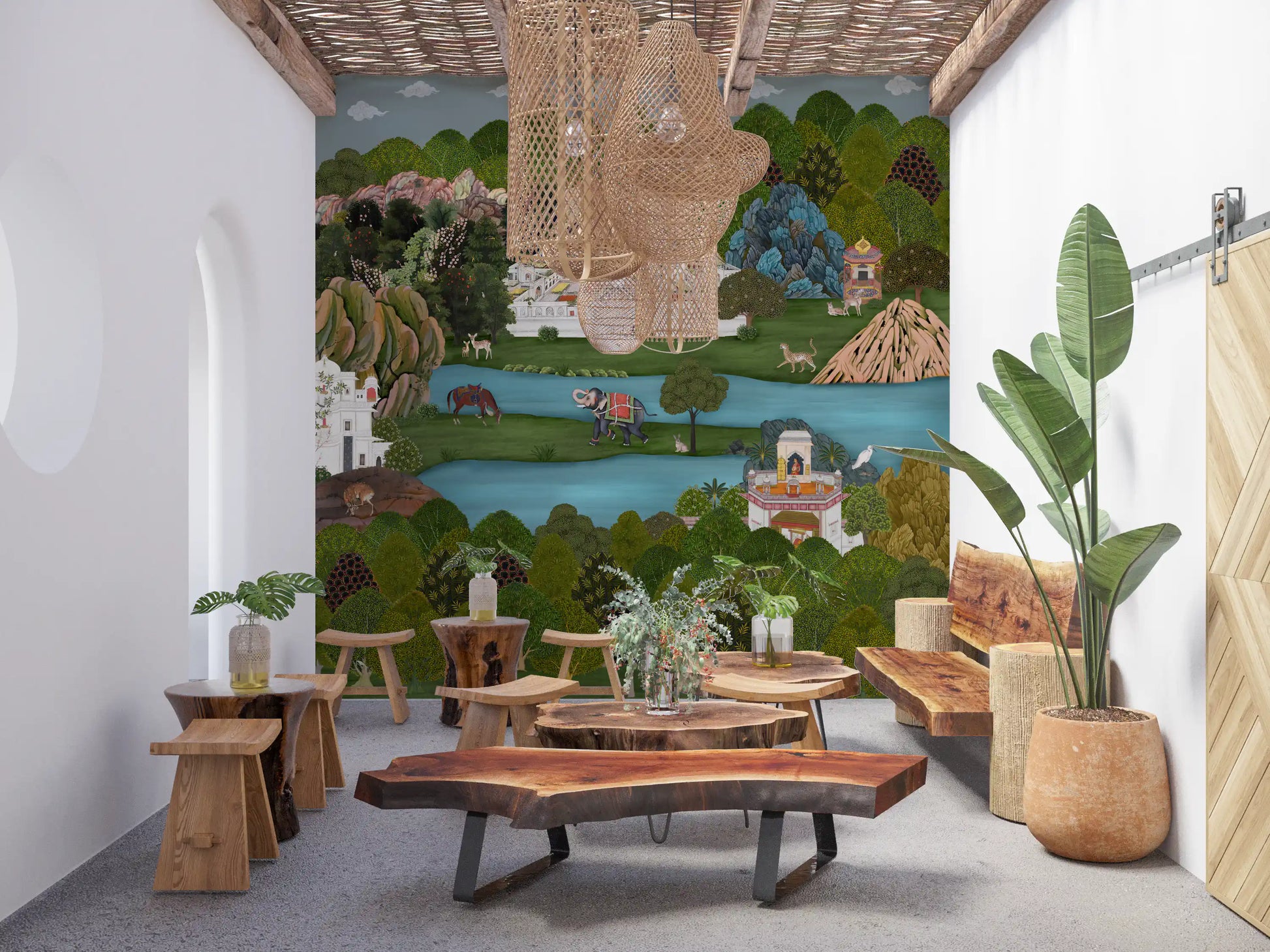 Mughal wall mural with Coral and pink rock formations among forested green hills., GD10200