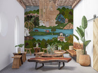 Mughal wall mural with Coral and pink rock formations among forested green hills., GD10200