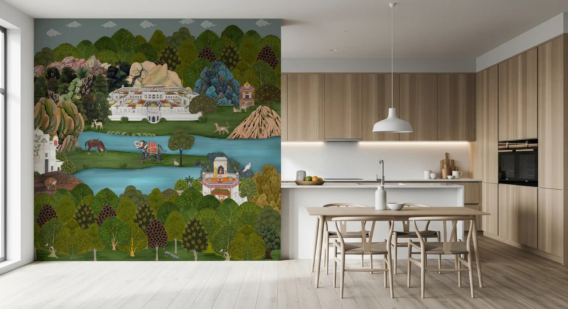Green miniature scenery mural shown on a dining room backdrop., GD10200