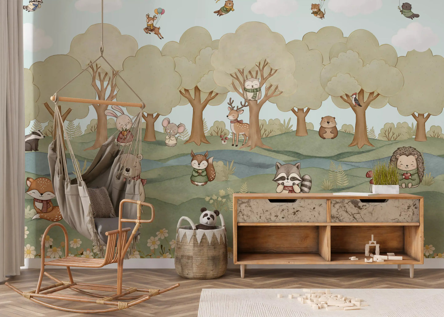 Watercolour woodland wall mural with raccoon, hedgehog and rabbit characters in nursery., GD10201