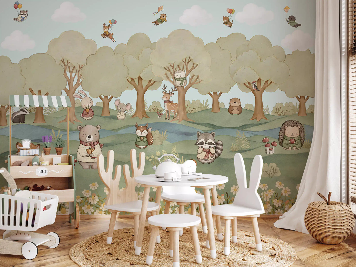 Storybook forest wall mural with a fox, deer and owl in muted green and cream tones., GD10201