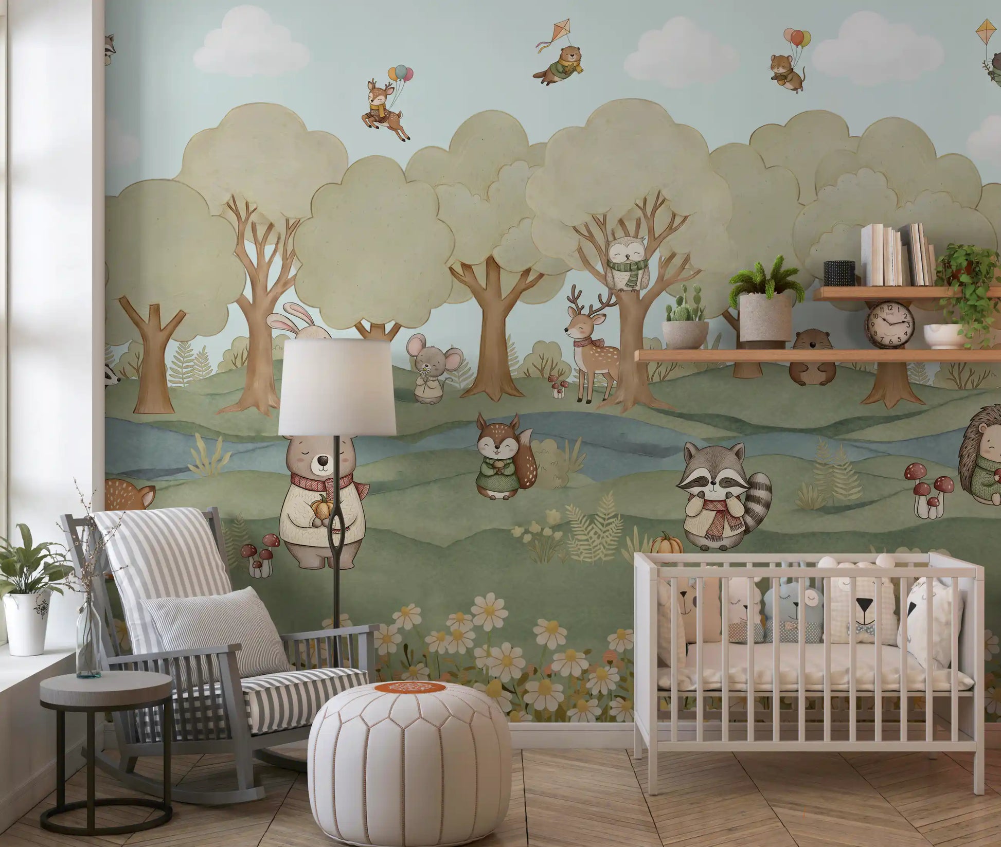 Soft woodland wall mural featuring a stream, ferns and scattered mushrooms., GD10201