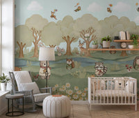 Soft woodland wall mural featuring a stream, ferns and scattered mushrooms., GD10201