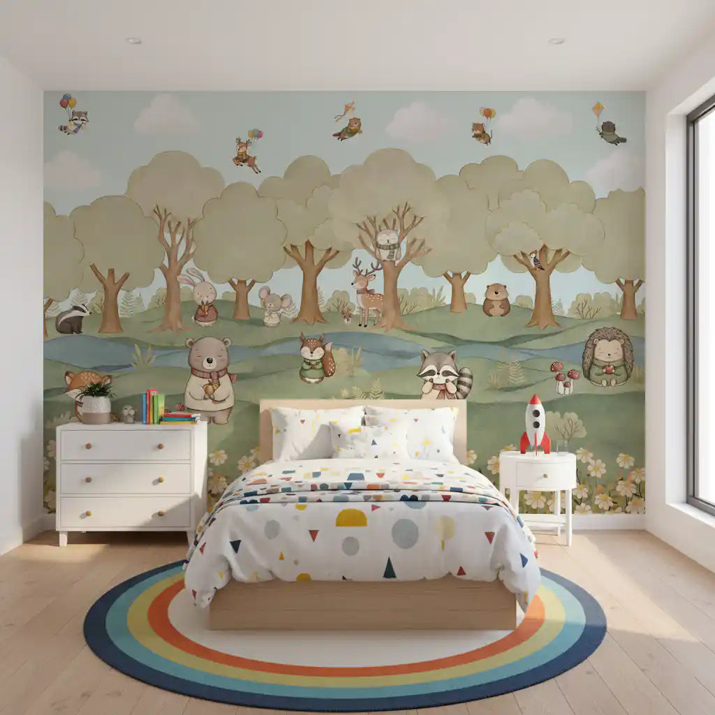 Watercolour animal wall mural with sky blue background and rolling hills., GD10201