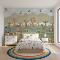 Watercolour animal wall mural with sky blue background and rolling hills., GD10201