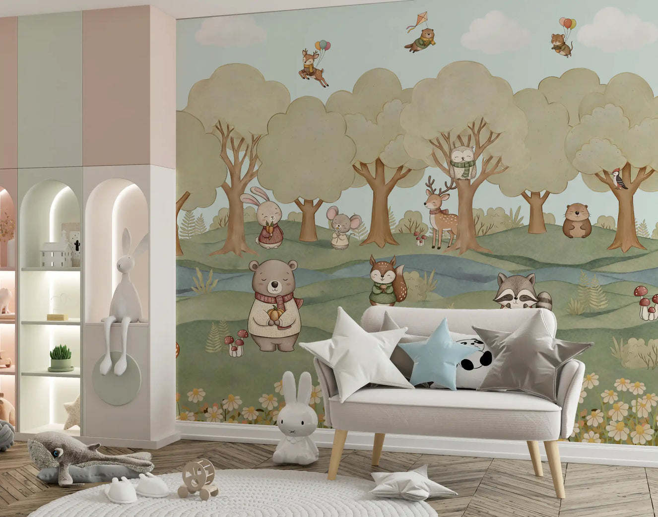 Whimsical Woodland Friends mural on a nursery feature wall.