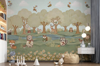 Whimsical Woodland Friends wall mural with bear, fox, deer and owl in a forest., GD10201