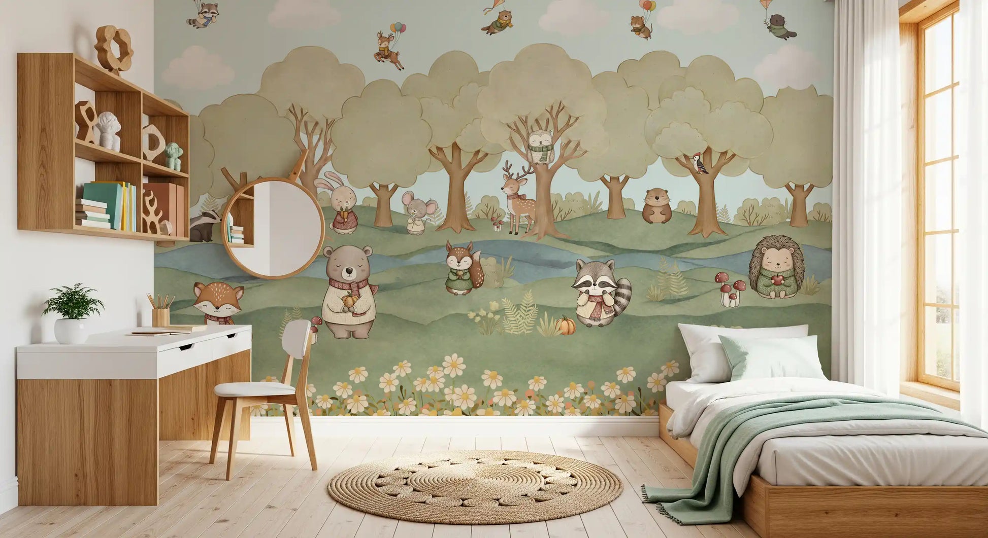Forest animal wall mural with rounded trees, clouds and a daisy meadow., GD10201