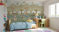 Whimsical mural with animals drifting on balloons above a green landscape in kids bedroom., GD10201