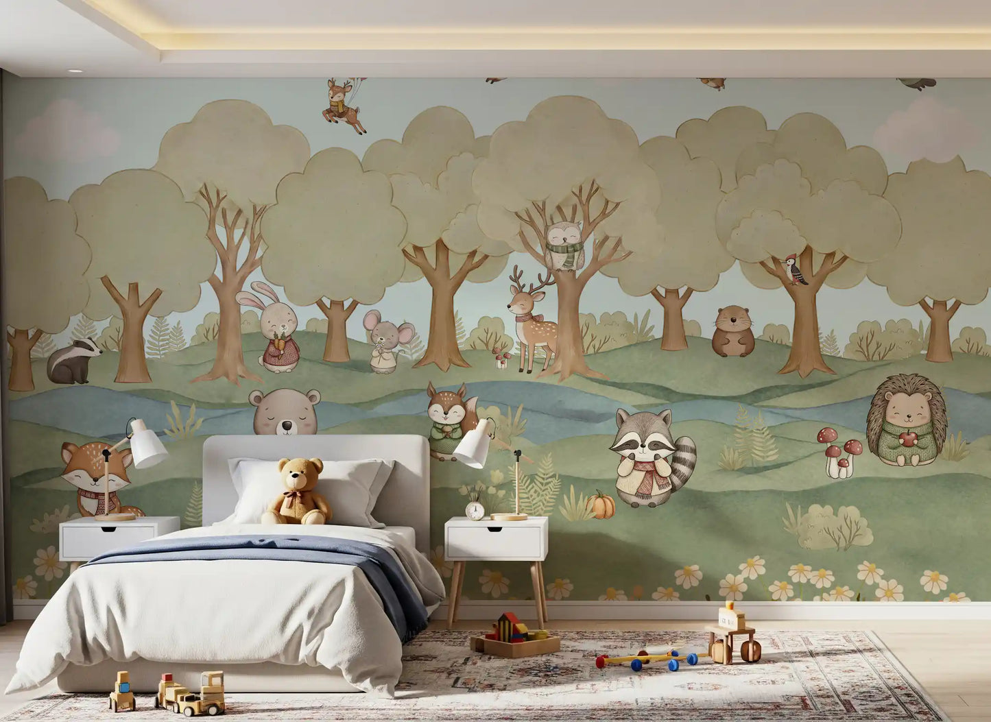 Childrens wall mural showing a sleepy bear and forest animals among green hills., GD10201