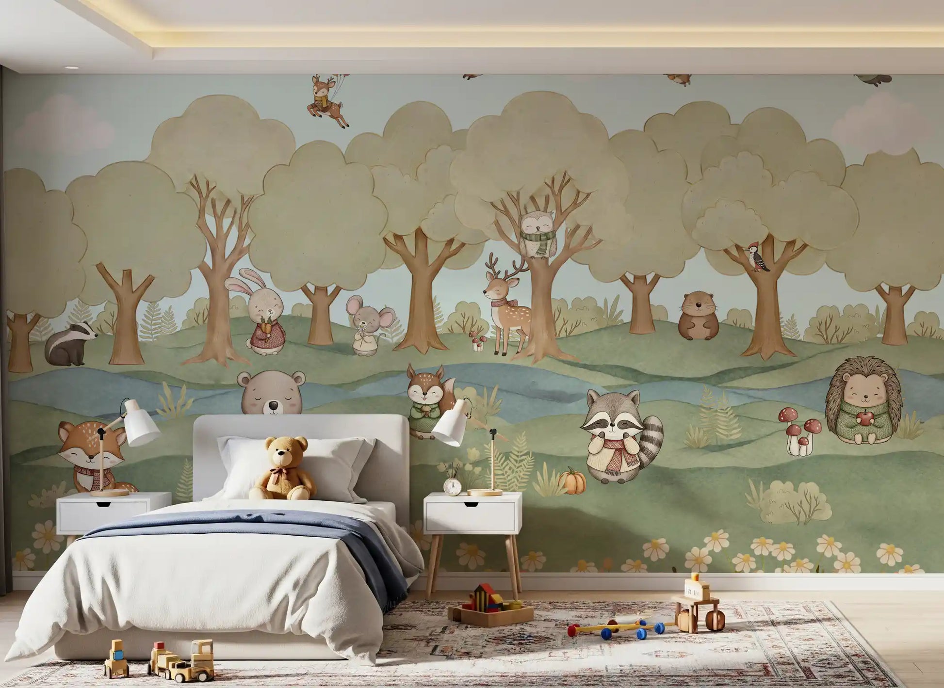 Childrens wall mural showing a sleepy bear and forest animals among green hills., GD10201