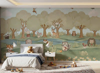 Childrens wall mural showing a sleepy bear and forest animals among green hills., GD10201