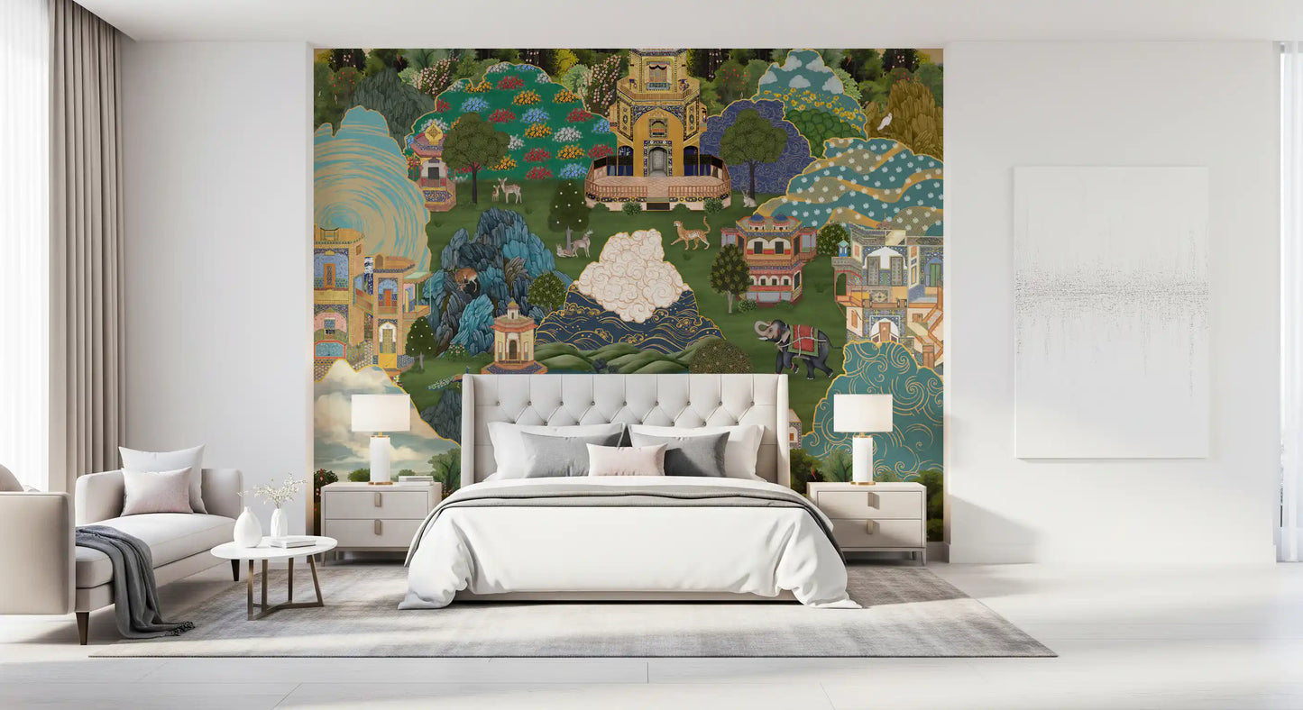Mughal garden mural styled as a calm feature wall for a spacious bedroom., GD10202