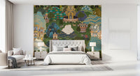 Mughal garden mural styled as a calm feature wall for a spacious bedroom., GD10202