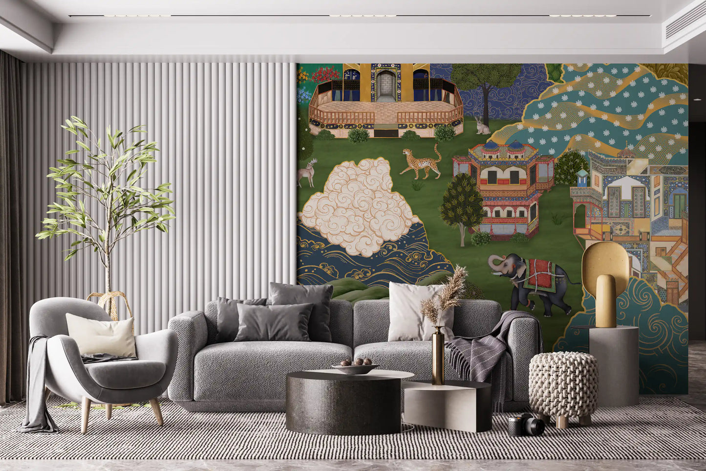 Royal garden mural with Tall golden pavilion with blue tilework standing on a curved terrace., GD10202