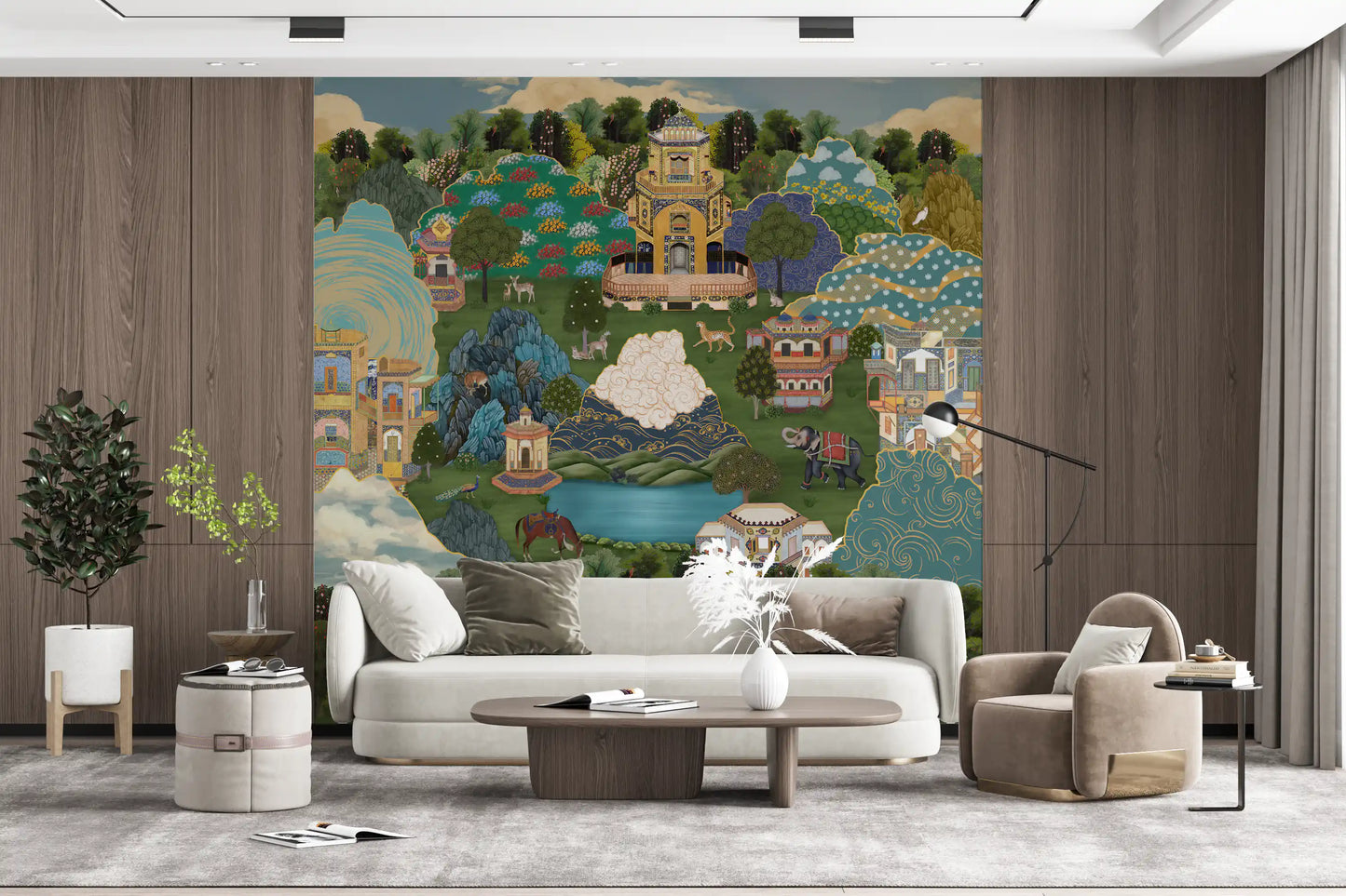 Living room wall mural with Saddled brown horse standing close to a peacock at the edge of the blue pool., GD10202
