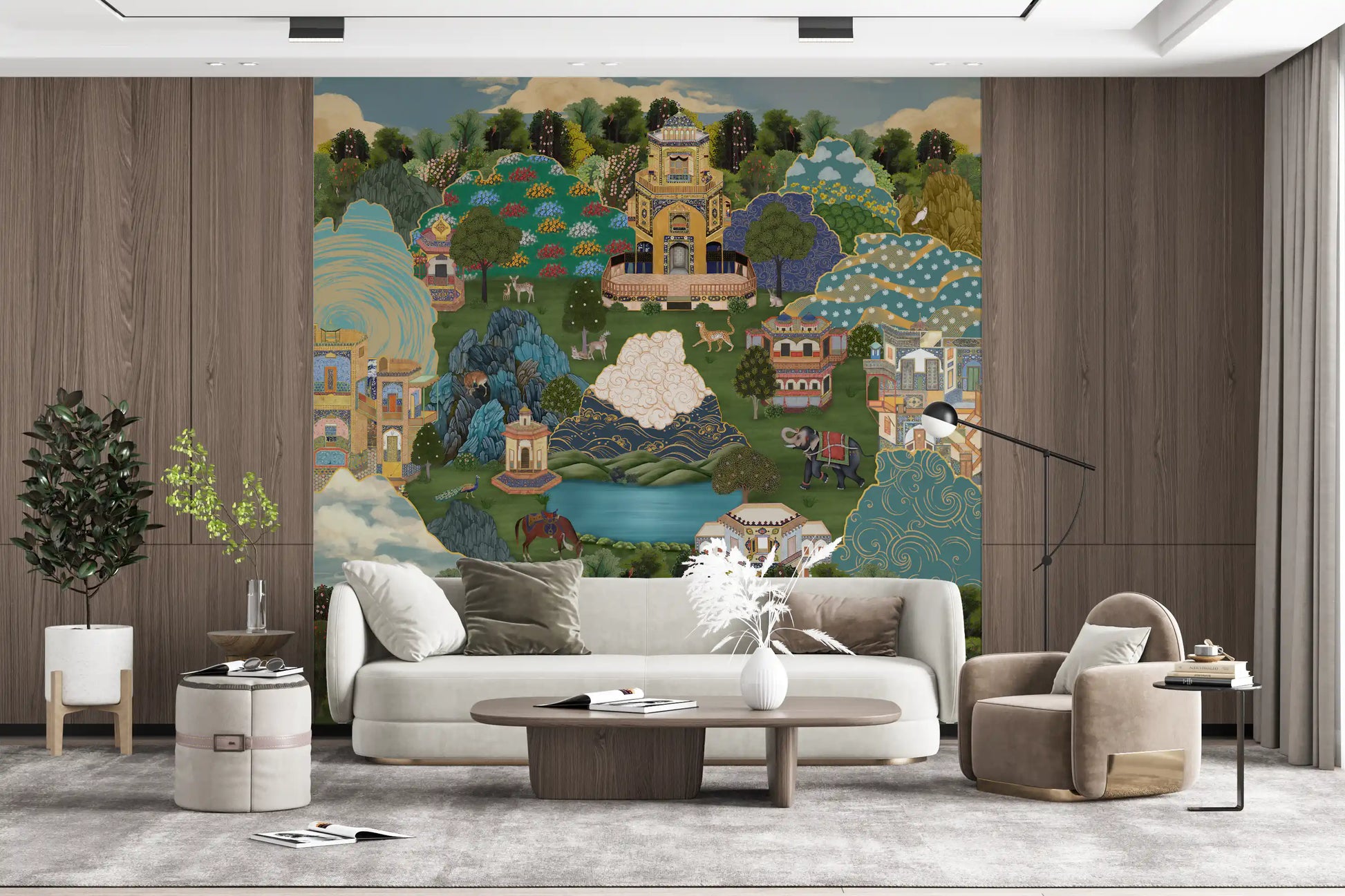 Living room wall mural with Saddled brown horse standing close to a peacock at the edge of the blue pool., GD10202
