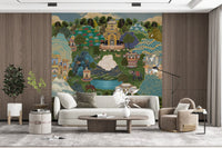 Living room wall mural with Saddled brown horse standing close to a peacock at the edge of the blue pool., GD10202