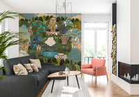 Wall mural with Pair of spotted deer grazing on a green slope beside a small domed garden., GD10202