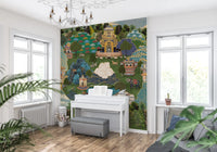 Tall layered treeline wall mural with dense foliage forming the lower border of the composition., GD10202