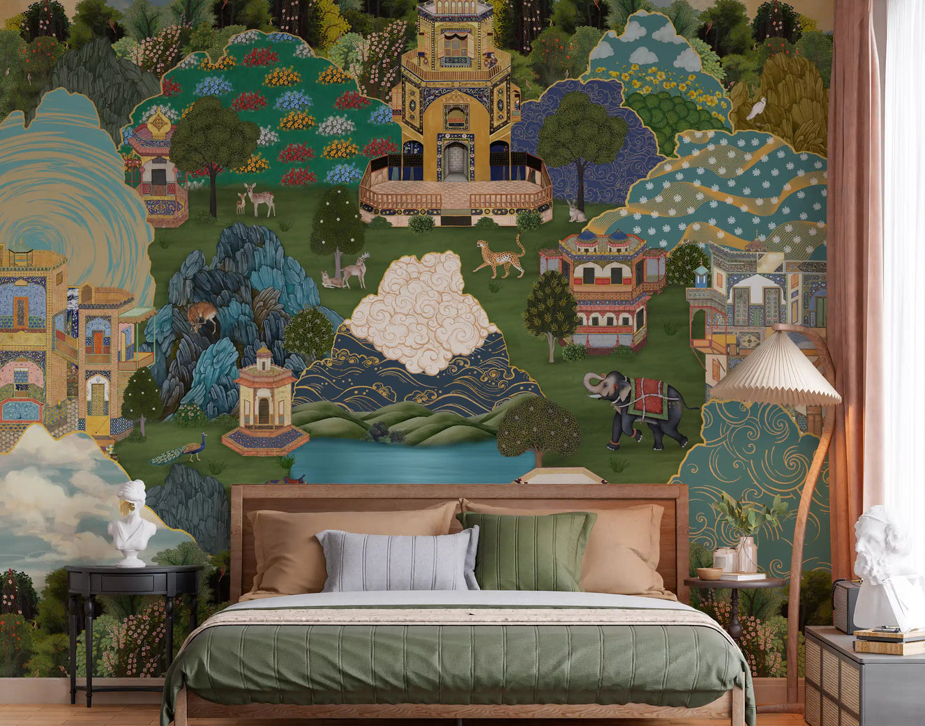Detailed palace garden mural set as a quiet backdrop for a bedroom backdrop.