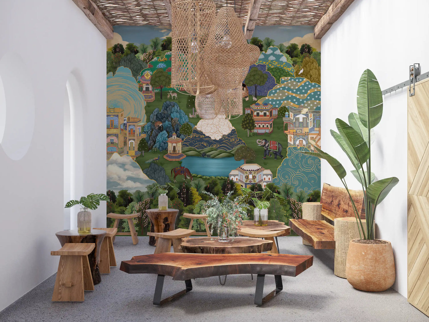 Still blue pool of water set below stylised green hills with mystical lands wall mural., GD10202