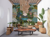 Still blue pool of water set below stylised green hills with mystical lands wall mural., GD10202