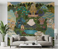 Mughal-miniature wall mural showing a layered palace garden with domed pavilions and rolling lawns., GD10202