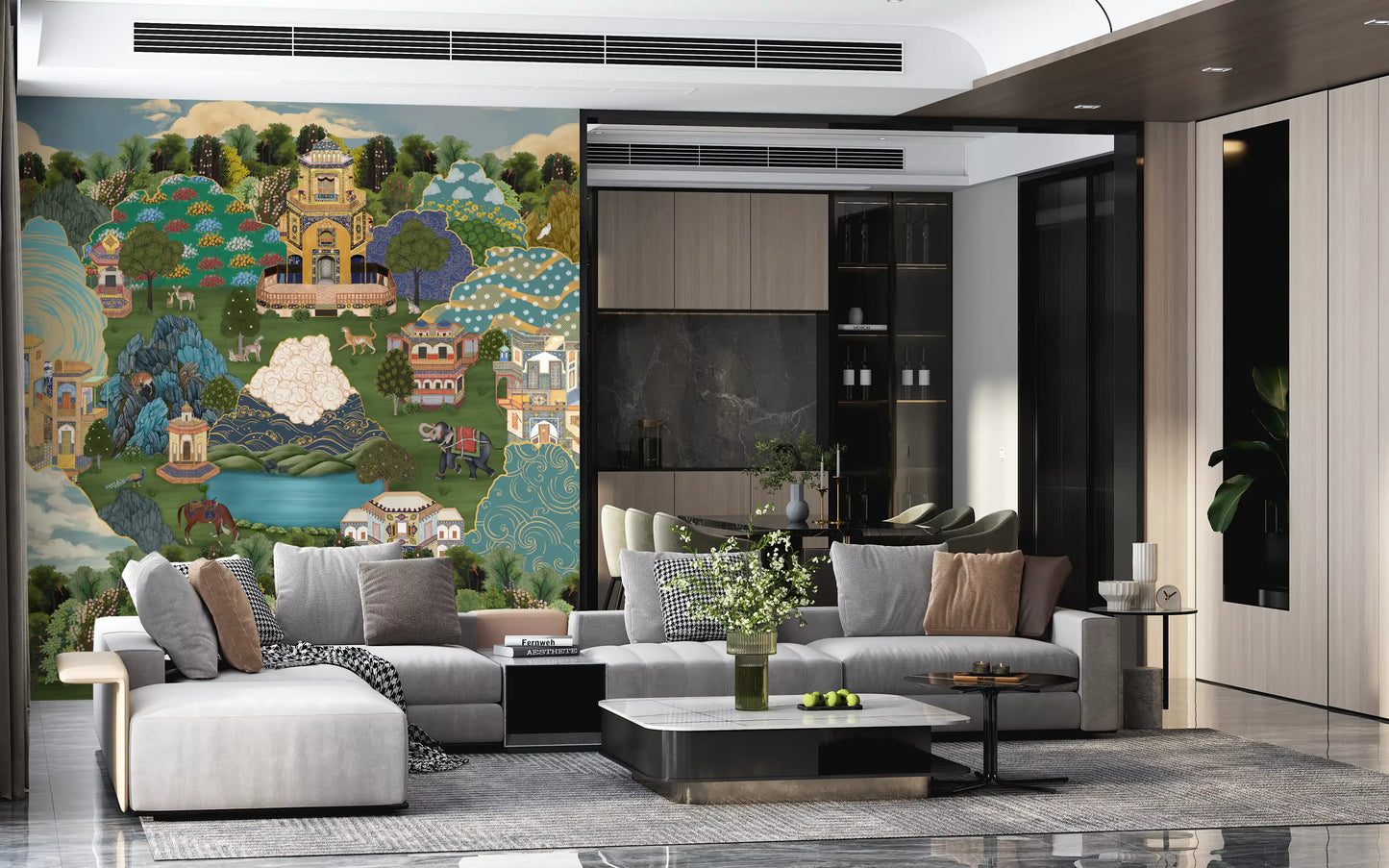 Decorated elephant with a red blanket walking in royal garden wall mural., GD10202