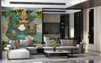 Decorated elephant with a red blanket walking in royal garden wall mural., GD10202