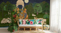 Hallway wall mural with Group of gopis in red, blue, and green saris circling Radha and Krishna., GD10203