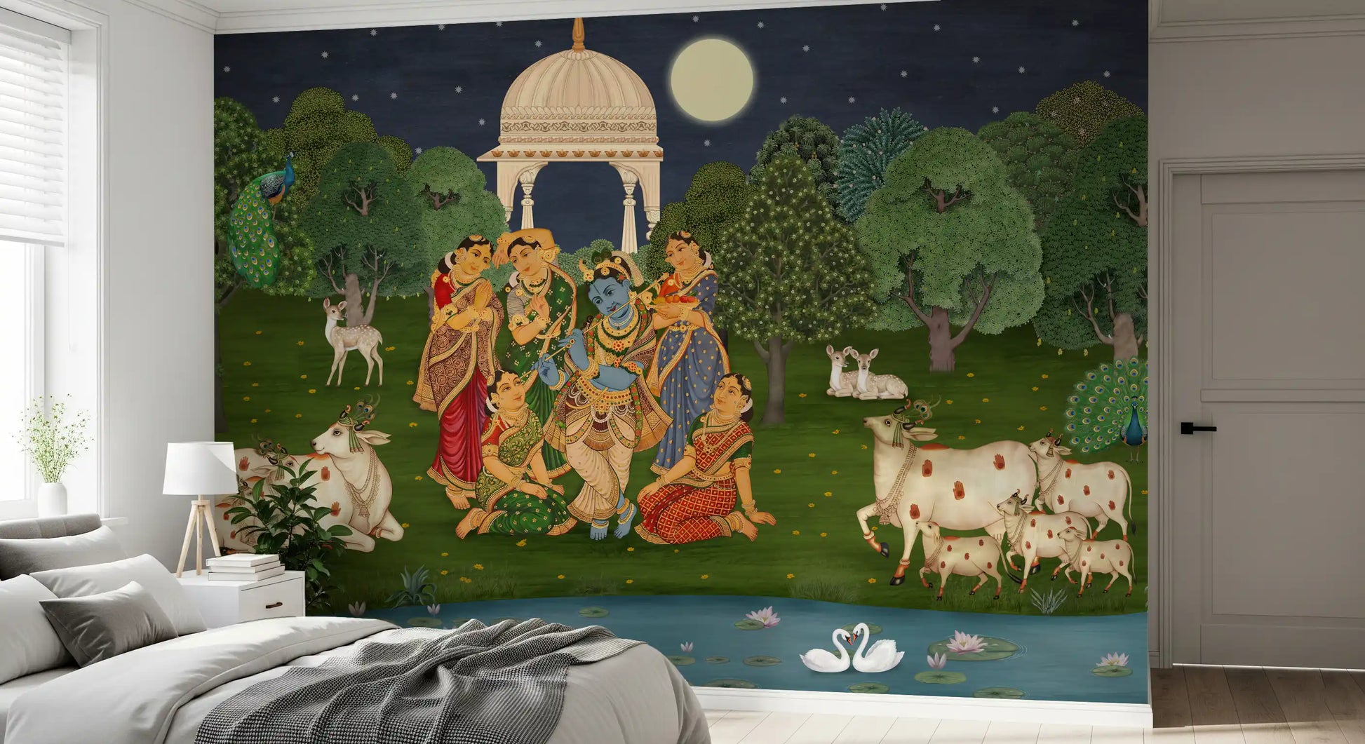 Vrindavan Krishna mural installed on a master bedroom feature wall., GD10203