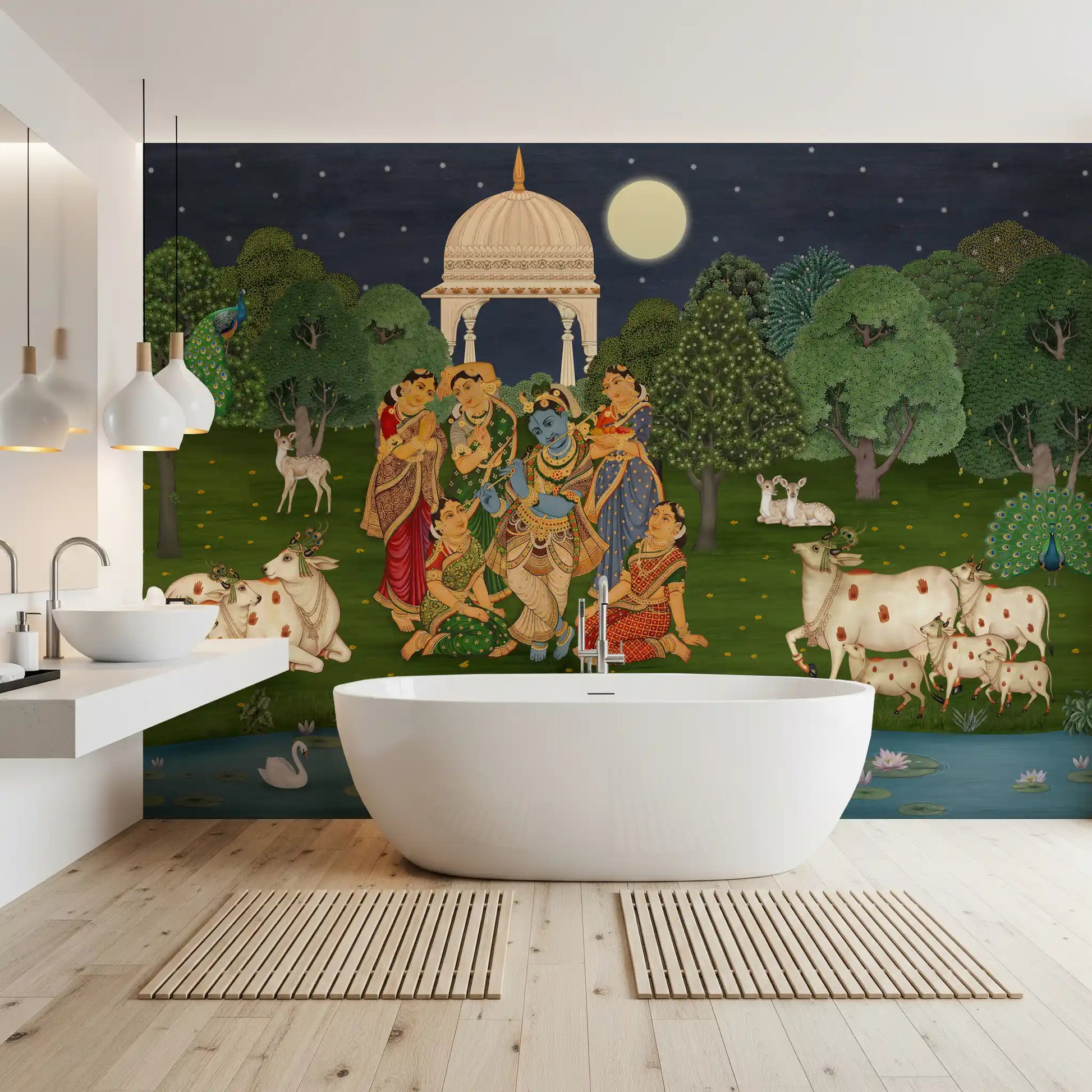 Lotus pond wall mural with two white swans, lily pads, and pink lotus blooms in bathroom., GD10203