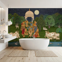 Lotus pond wall mural with two white swans, lily pads, and pink lotus blooms in bathroom., GD10203