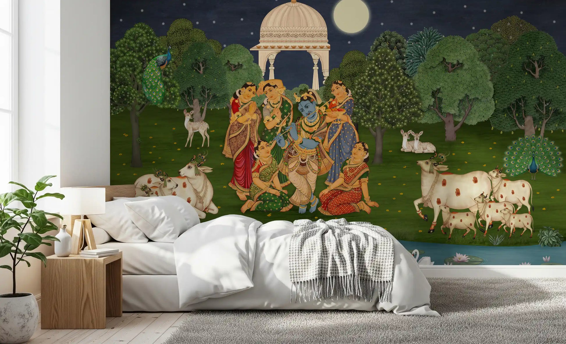 Devine Wall mural with White Mughal chhatri pavilion under a star-filled night sky with full moon., GD10203