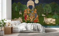 Devine Wall mural with White Mughal chhatri pavilion under a star-filled night sky with full moon., GD10203