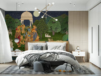 Krishna wall mural in blue skin with peacock feather crown standing on a lotus pedestal., GD10203