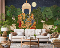 Two peacocks with extended tail feathers beside the Vrindavan wall mural, GD10203