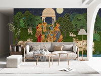 Pichwai wall mural showing Krishna playing the flute beneath a full moon., GD10203